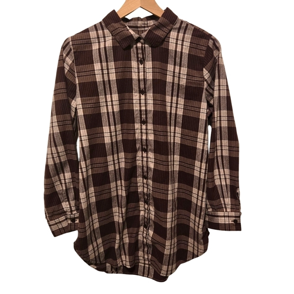 Garnet Hill Pima Cotton Burgundy Brown Long Sleeve Button Down Tunic Size 10